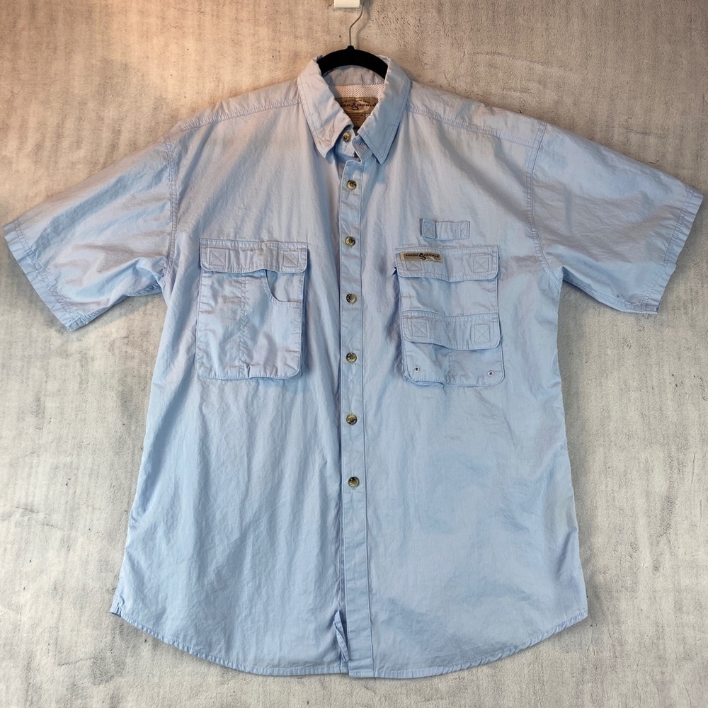 Hook & Tackle Fishing Gear Short Sleeve Vented Cotton Shirt Sz L Multi-pocket